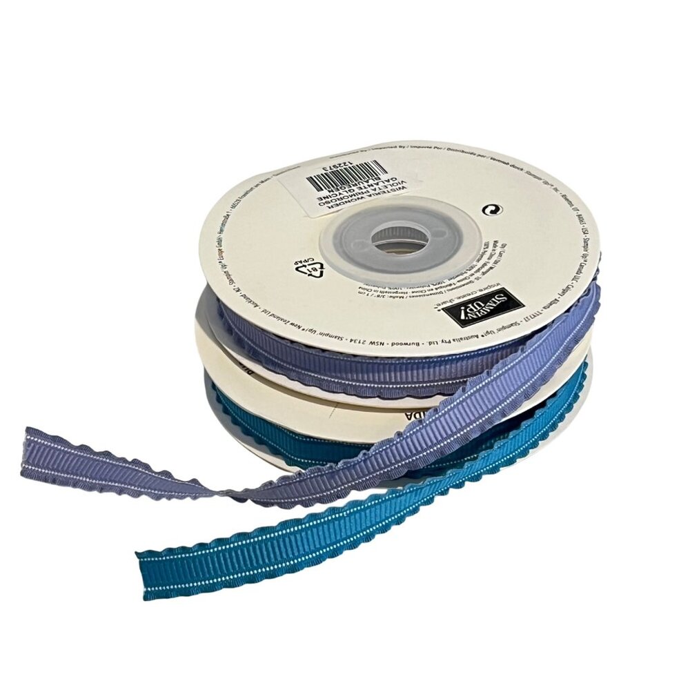 Stampin Up! Ruffled Ribbon Rolls 3/8" Wisteria Wonder & Island Indigo 9+ Yards E